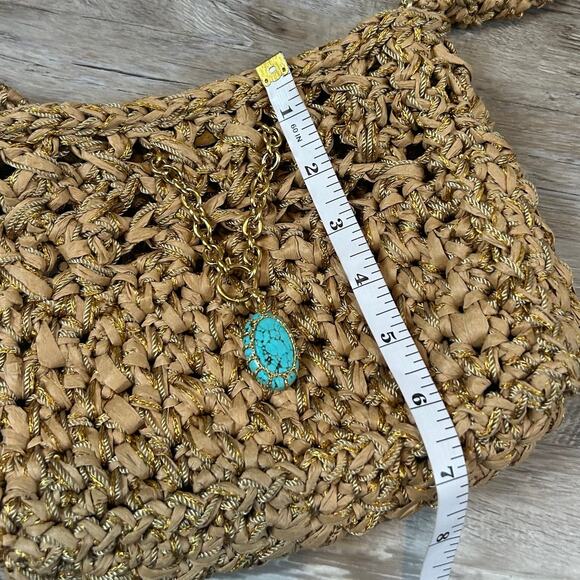NWT Boks & Baum Woven Raffia Crossbody Bag Gold Lurex Turquoise Detail - Picture 9 of 10